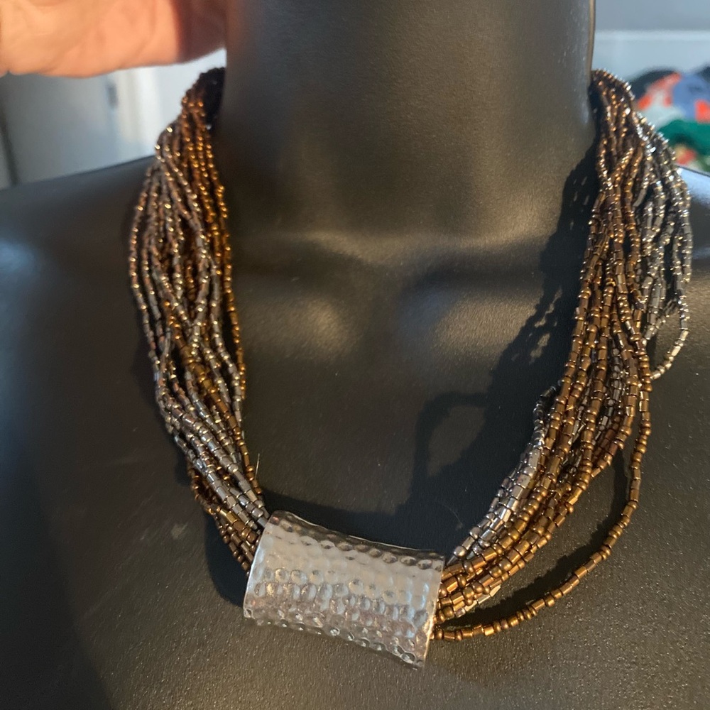 Bold Multi-Strand Beaded Necklace with Hammered Silver Accent